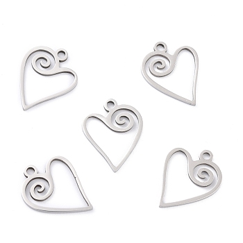 201 Stainless Steel Pendants, Heart, Stainless Steel Color, 17x13.5x1mm, Hole: 1.6mm