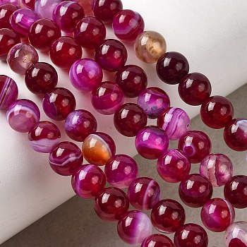 Natural Banded Agate Beads Strands, Dyed & Heated, Round, Grade A, Medium Violet Red, 6mm, Hole: 1.5mm, about 63pcs/strand, 14.57''(37cm)