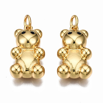 Brass Micro Pave Cubic Zirconia Pendants, with Jump Rings, Nickel Free, Real 16K Gold Plated, Bear, Black, 19.5x11x5mm, Jump Ring: 5x0.8mm, 3mm inner diameter