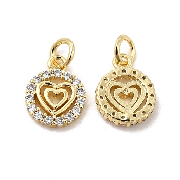 Brass Micro Pave Clear Cubic Zirconia Charms, with Jump Ring, Flat Round with Heart Charm, Real 18K Gold Plated, 12x9.5x2mm, Hole: 3.5mm