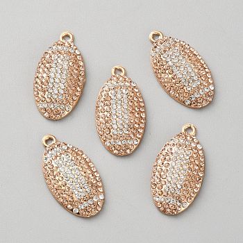 Alloy Rhinestone Pendants, Rugby, Light Gold, 27.5x14x3.5mm, Hole: 1.6mm