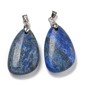 Natural Lapis Lazuli Pendants, Teardrop Charms, with Rack Plating Platinum Tone Brass Findings, Cadmium Free & Lead Free, 34x18x7.5mm, Hole: 4x5mm