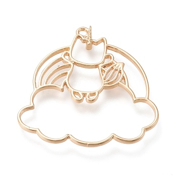 Alloy Open Back Bezel Pendants, For DIY UV Resin, Epoxy Resin, Pressed Flower Jewelry, Cadmium Free & Lead Free, Angel Cat with Cloud, Light Gold, 44x43.5x3mm, Hole: 2mm