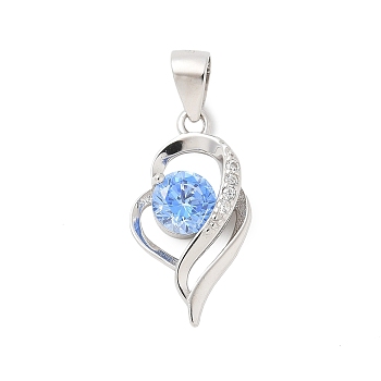 Fine Silver Cubic Zirconia Pendants, Heart Charms, Platinum, Rhodium Plated, Cornflower Blue, 19.5x10.5x4mm, Hole: 5x3.5mm