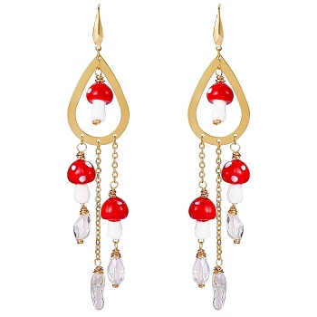 Natural Quartz Crystal Teardrop & Lampwork Mushroom Chandelier Earrings, Golden 316 Surgical Stainless Steel Long Tassel Drop Earrings for Women, Red, 120x20mm, Pin: 0.8mm