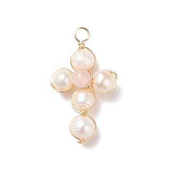 Natural Rose Quartz & White Freshwater Pearl Pendants, with Real 18K Gold Plated Copper Wire Wrapped, Cross, 31.5x17.5x7mm, Hole: 3.1mm