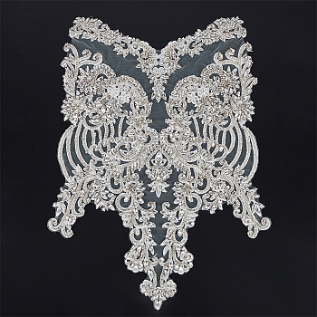 Lace Embroidery Sewing Polyester Appliques, with Glass Rhinestone, DIY Garment Accessories, White, 530x355x4.5mm
