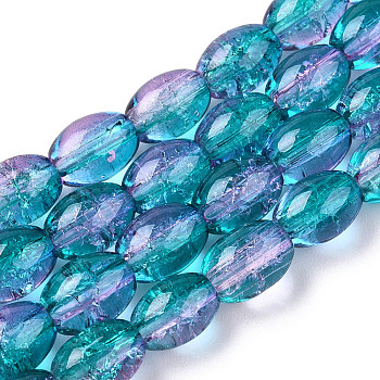 Transparent Crackle Glass Beads Strands, Oval, Dark Cyan, 8x5.5~6mm, Hole: 1mm, about 100pcs/strand, 31.4 inch