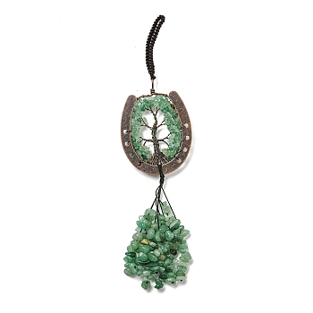 Natural Green Aventurine Chip Tree of Life Pendants Decoration, Brass Horse Shose Tassel Gems Hanging Ornaments, 220mm, Pendant: 170x59x7mm