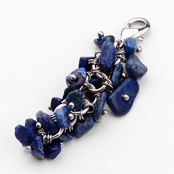 Natural Chip Lapis Lazuli Pendant Decorations, with Brass Lobster Claw Clasps, Platinum, Blue, 53mm