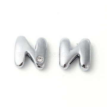 Alloy Rhinestone Initial Letter.N Slide Charms Fit DIY Wristbands & Bracelets, Nickel Free, about 12mm long, hole: about 8.2x0.8mm(X-ZP2N-NLF)