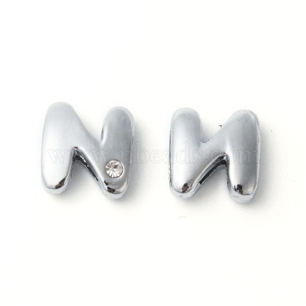Alloy Rhinestone Initial Letter N Slide Charms Fit Diy Wristbands Bracelets Nickel Free About 12mm Long Hole About 8 2x0 8mm