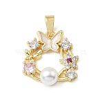 Brass Micro Pave Colorful Cubic Zirconia Pendants, with Enamel & Plastic Pearl, Triangle with Butterfly Charms, Golden, 16.5x15x5.5mm, Hole: 4x2.5mm(KK-E804-11G)