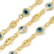 Rack Plating Brass Link Chains, with Resin Beads, Long-Lasting Plated, Unwelded, Oval with Evil Eye, Real 18K Gold Plated, 5~10.5x3.5~5x1.5~2mm(CHC-P012-12G)