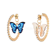 Half Hoop Earrings, with Brass Rhinestone Cup Chain, Butterfly Alloy Enamel Pendants, Ear Nuts, Royal Blue, Golden, 34mm, Pin: 0.7mm(EJEW-JE04141-01)