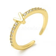 Clear Cubic Zirconia Initial Letter Open Cuff Ring, Real 18K Gold Plated Brass Jewelry for Women, Cadmium Free & Nickel Free & Lead Free, Letter.V, US Size 7 3/4(17.9mm)(RJEW-H120-09G-V)