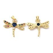 Brass Micro Pave Cubic Zirconia Pendants, Lead Free & Cadmium Free, Dragonfly Charms, Real 18K Gold Plated, 26.5x30.5x4mm, Hole: 5.7X2.7mm(KK-M249-13G)