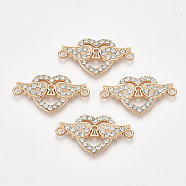 Alloy Links connectors, with Rhinestone, Heart with Wing, Crystal, Golden, 15x28x2mm, Hole: 1.6mm(X-PALLOY-S118-37)
