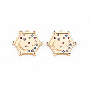 Brass Micro Pave Cubic Zirconia Pendants, Nickel Free, Real 18K Gold Plated, Hexagon with Moon & Star, Cornflower Blue, 18x20x2.5mm, Hole: 1mm(KK-S364-271D)