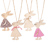 Globleland 4 Sets 2 Style Wood Easter Bunny Pendant Decoration, with Hemp Rope, Mixed Color, 110x61x5mm and 110x70x6mm, 2 sets/style(HJEW-GL0001-02)