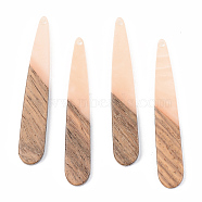 Opaque Resin & Walnut Wood Pendants, Teardrop, Light Salmon, 44x7.5x3mm, Hole: 1.5mm(X-RESI-S389-039A-C02)