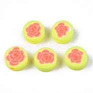 Handmade Polymer Clay Beads, for DIY Jewelry Crafts Supplies, Flat Round with Flower, Green Yellow, 9.5x3.5~5mm, Hole: 1.8mm(CLAY-N008-022I)