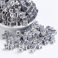 Antique Silver Plated Large Hole Acrylic European Beads, Horizontal Hole, Cube with Letter, Random Mixed Letters, 6x6x6mm, Hole: 4mm, about 2950pcs/500g(PACR-Q099-01)