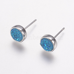 Resin Imitation Druzy Quartz Earring, Flat Round, Platinum, Light Sky Blue, 8x15.5~16mm, Pin: 0.8mm(EJEW-E226-01P-01)