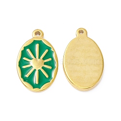 Enamel Pendants, with Golden Plated 304 Stainless Steel Findings, Oval with Sun, Sea Green, 23.5x14x2.5mm, Hole: 1.6mm(FIND-I021-01B)