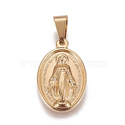 304 Stainless Steel Pendants, Oval with Virgin Mary, Golden, 26x16.5x4.5mm, Hole: 8.5mm(STAS-L222-11G)
