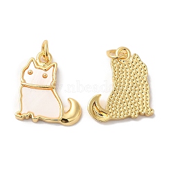 Rack Plating Brass Pendants, Cat Shape Charms, with Natural Shell, Long-Lasting Plated, Cadmium Free & Lead Free, Real 18K Gold Plated, 18.5x16x3mm, Hole: 3.4mm(KK-R144-05G)
