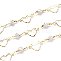 3.28 Feet Handmade Brass Link Chains, with Acrylic Imitation Pearl, Long-Lasting Plated, Soldered, Heart, Golden, Links: 12x20.1x1mm and 18.5x6.7mm(X-CHC-L039-15G)