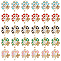30Pcs 5 Colors Alloy Enamel Pendants, with Rhinestone and ABS Plastic Imitation Pearl Beads, Clover with Tartan Pattern, Mixed Color, 21x16x6mm, Hole: 1.8mm, 6pcs/color(ENAM-HY0001-16)
