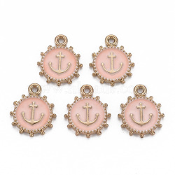 Alloy Enamel Pendants, Light Gold, Cadmium Free & Nickel Free & Lead Free, Flat Round with Anchor, Light Salmon, 17.5x14.5x2mm, Hole: 1.6mm(ENAM-N055-016C-NR)