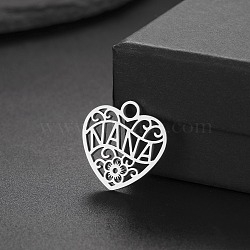 Titanium Steel Pendants, Laser Cut, Heart with Word Nana & Flower Charm, Stainless Steel Color, 20x20mm(PW-WG449C6-01)