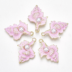 Spray Painted Alloy Pendants, with ABS Plastic Imitation Pearl, Conch, Light Gold, Pink, 31.5x22x7mm, Hole: 2mm(PALLOY-T065-22C)