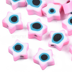 Handmade Polymer Clay Beads, Star with Evil Eye, Pearl Pink, 9x9x3.5~4.5mm, Hole: 1.4mm(CLAY-T019-09I)