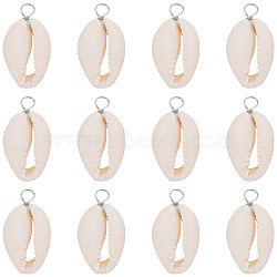 30Pcs Natural Cowrie Shell Pendants, Shell Charms with Eco-Friendly Copper Wire Loops, Real Platinum Plated, 27~30x14~15x7~7.5mm, Hole: 4mm(SHEL-SC0001-31B)