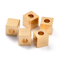 Brass Spacer Beads, Long-Lasting Plated, Cube with Round Hole, Real 24K Gold Plated, 4x4x4mm, Hole: 1.8mm(KK-O133-209D-G)