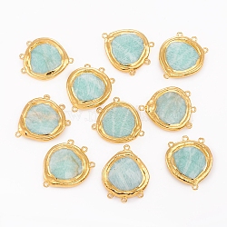 Natural Amazonite Chandelier Component Links, with Golden Plated Edge Brass Findings, Faceted, Teardrop, 35~36x28~29x6mm, Hole: 1.6mm(G-L543-020G)