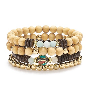 4Pcs 4 Style Natural Flower Amazonite & Synthetic Hematite & Wood Stretch Bracelets Set with Indonesia Beaded, Gemstone Jewelry for Women, Inner Diameter: 2-1/4~2-3/8 inch(5.7~6cm), 1Pc/style