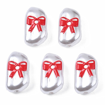 3D Printed ABS Plastic Imitation Pearl Beads, Oval with Bowknot, Red, 18x10x7mm, Hole: 1.5mm