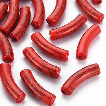 Opaque Crackle Acrylic Beads, Curved Tube, FireBrick, 32x10x8mm, Hole: 1.8mm