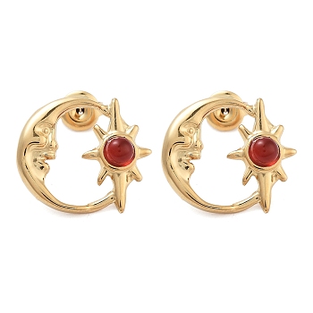 304 Stainless Steel Moon Stud Earrings, with Natural Carnelian Beads, 17x19.5mm