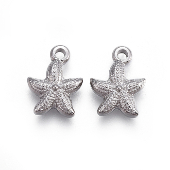304 Stainless Steel Charms,  Starfish/Sea Stars, Stainless Steel Color, 13x10x3mm, Hole: 1.6mm
