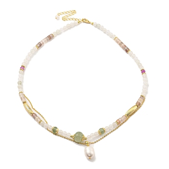 Natural Mixed Gemstone Round Beaded Necklaces, Real 14K Gold Plated Brass Jewelry for Women, 15.35 inch(39cm)