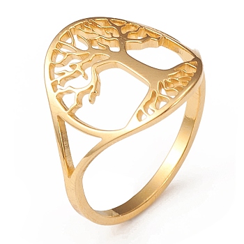 304 Stainless Steel Rings, Wide Band Ring, Hollow Ring with Tree of Life Ring for Women, Golden, US Size 6 1/2(16.9mm), 1.5~15.5mm