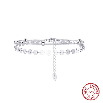 Rhodium Plated 925 Sterling Silver Satellite & Flat Round Link Chains Double-Layer Multi-strand Bracelet, Real Platinum Plated, 6-3/8 inch(16.3cm)