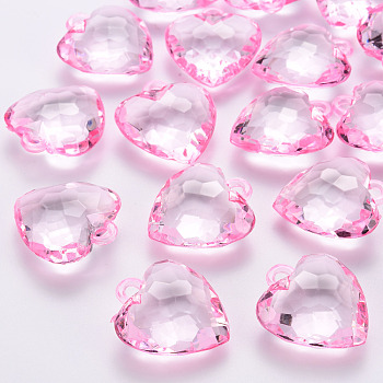 Transparent Acrylic Pendants, Faceted, Heart, Pearl Pink, 31.5x29x12.5mm, Hole: 4mm