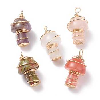 Natural & Synthetic Gemstone GuaSha Stone Pendants, with Eco-Friendly Copper Wire Wrapped, Mushroom, Light Gold, 28x17mm, Hole: 2.5mm